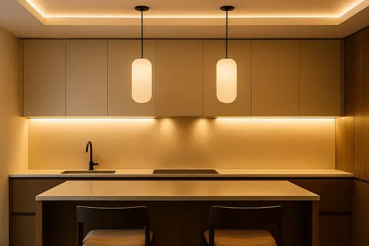 نورپردازی جزیره آشپزخانه با لوستر و چراغهای آویز متنوع